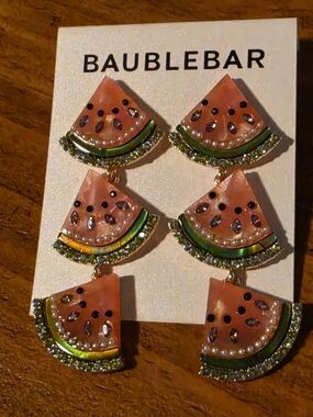 NWT Nordstrom Baublebar Watermelon Triple Drop Statement Earrings Gold Tone